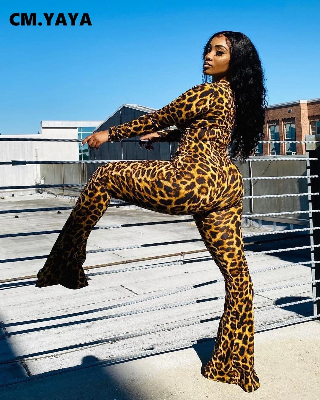 CM.YAYA Leopard Print Zipper Wide Leg Flare Jumpsuit for Women Sexy Club Partywear One Piece Overall Deep Rompers Fall winter