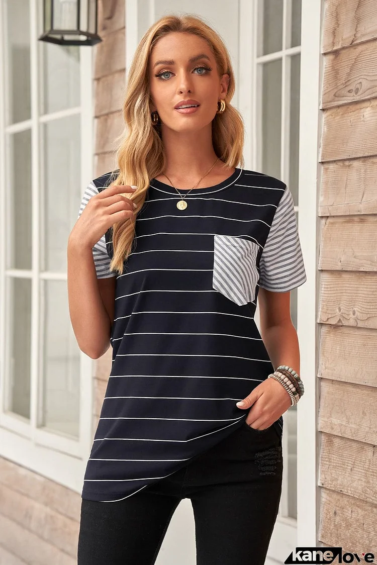 Striped Short Sleeve Contrast Color T-Shirt with Pocket