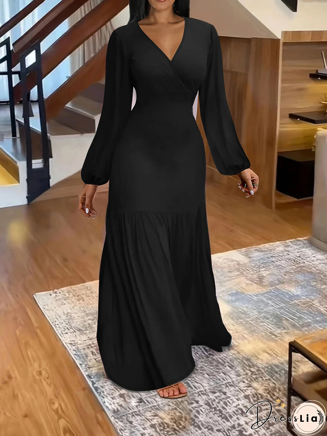 Ruched Solid Dress, Elegant V Neck Lantern Long Sleeve Maxi Party Dress, Women's Clothing