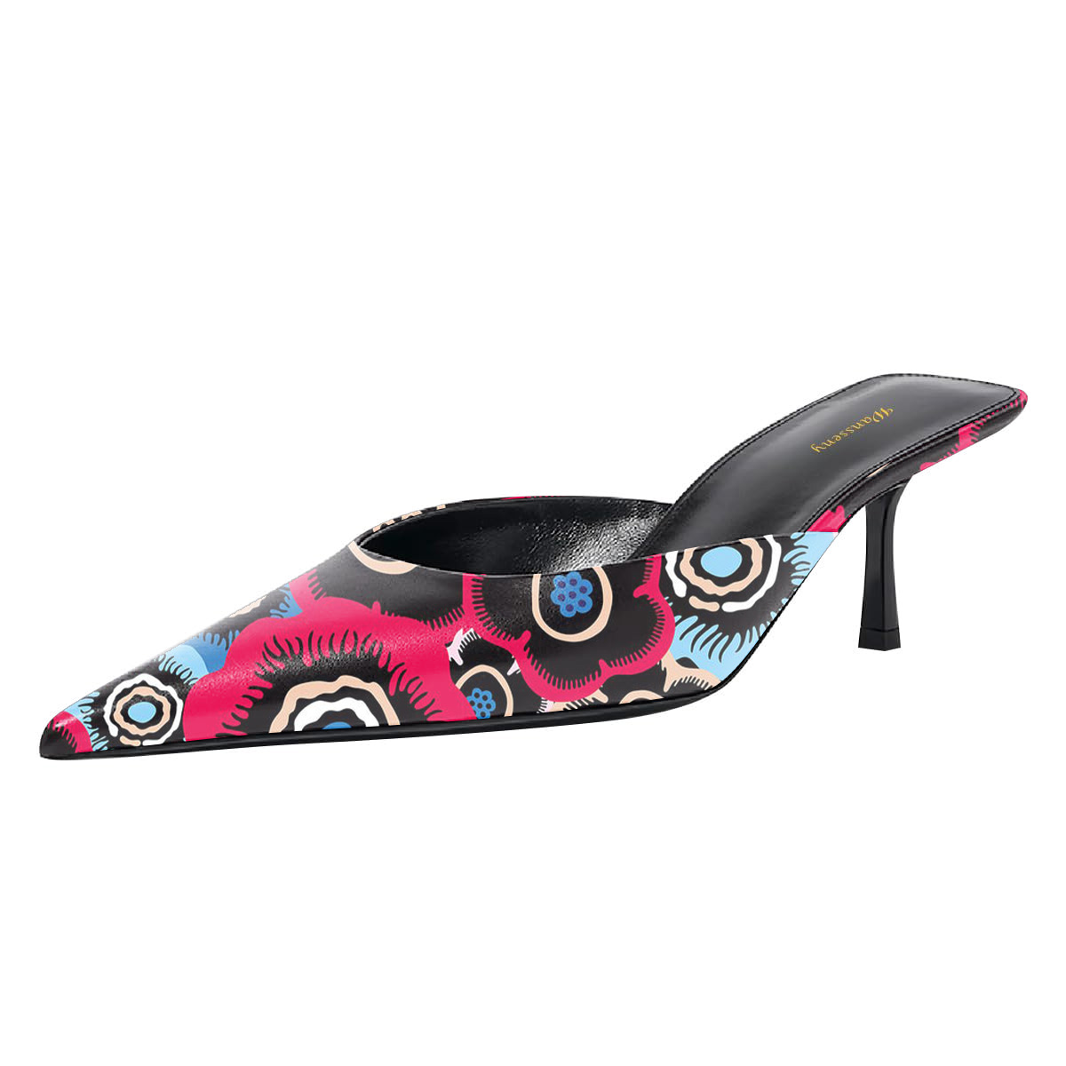 Multicolor Flower Printed Pointed Toe Kitten Heel Women's Mules Shoes Nicepairs