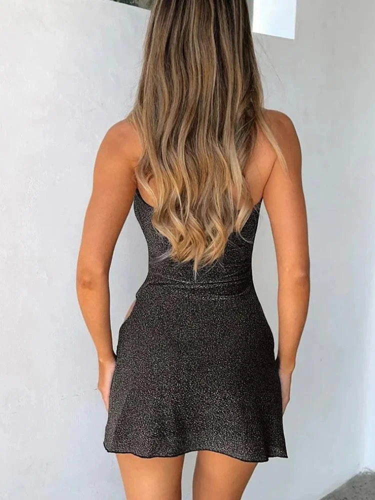 Brownm Glitter High Slit Mini Dress