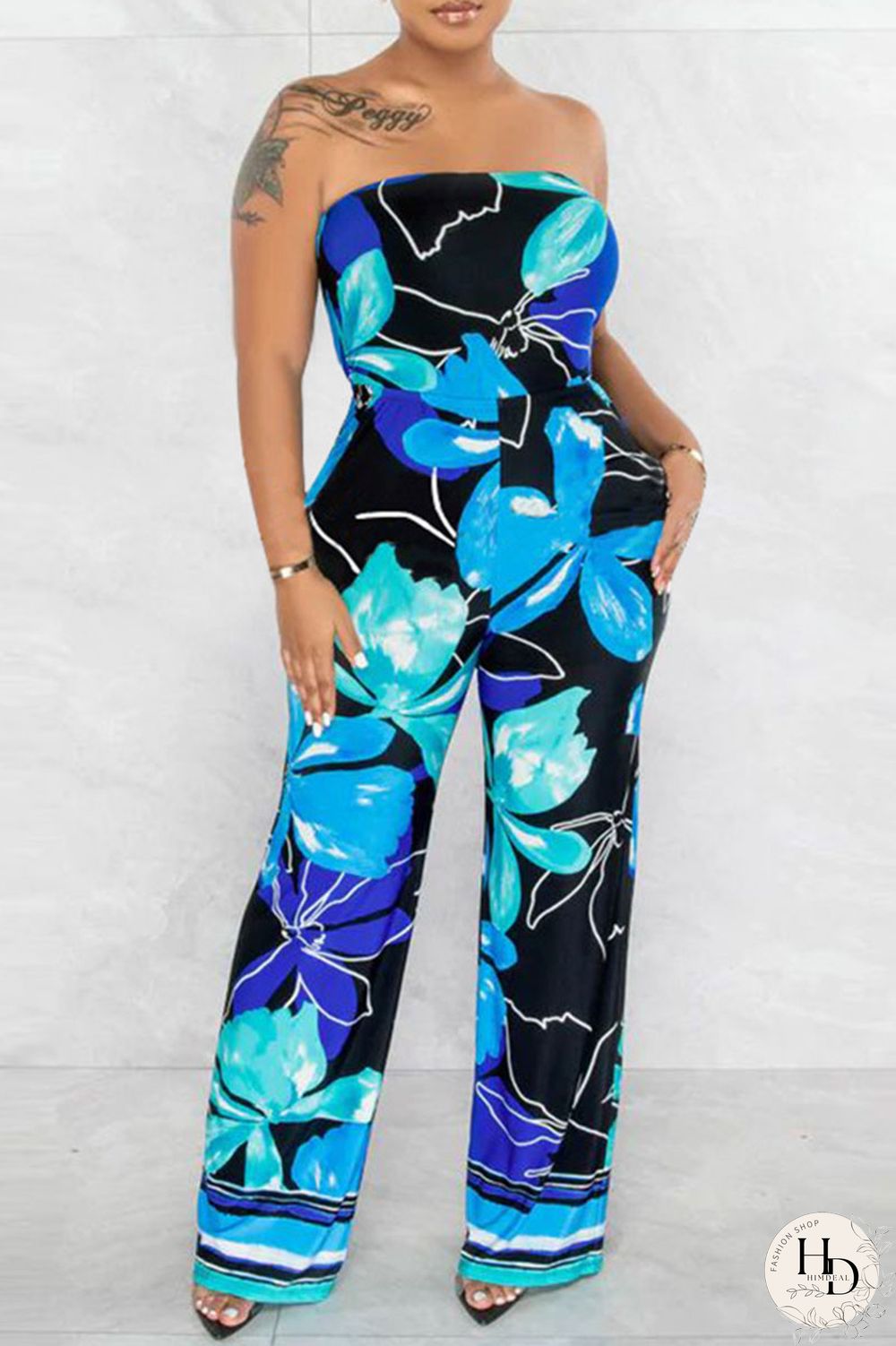 Yellow Sexy Print Patchwork Strapless Straight Jumpsuits