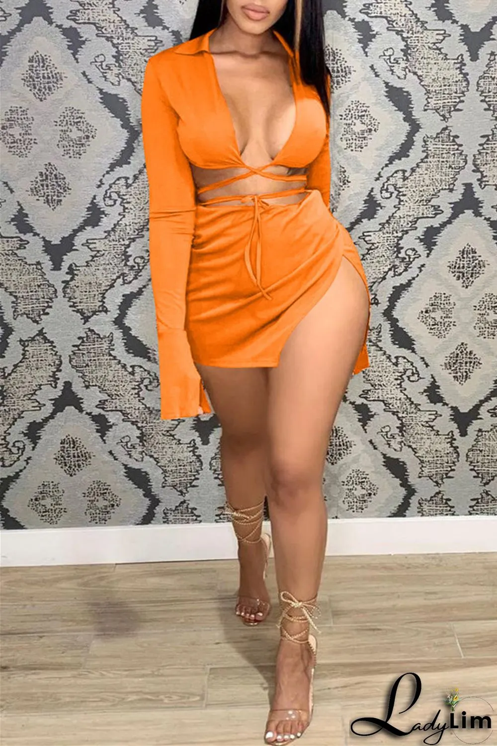 Yellow Fashion Sexy Solid Bandage Slit V Neck Long Sleeve Two Pieces
