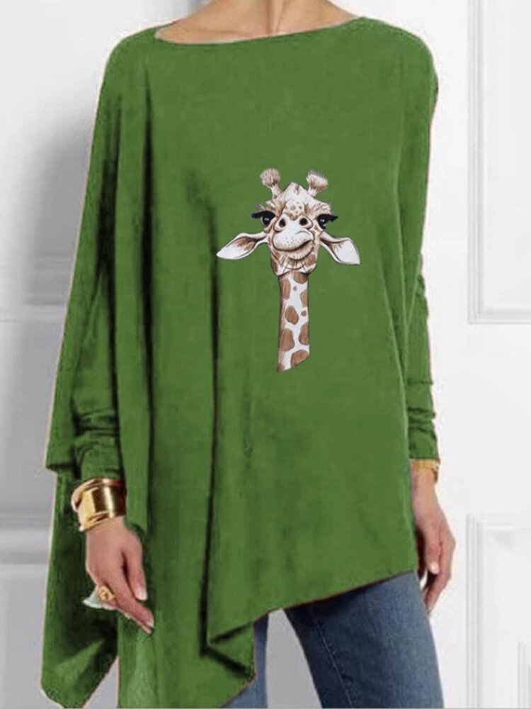 Cartoon Giraffe Printed Long Sleeve O neck Asymmetrical T shirt For Women P1711533