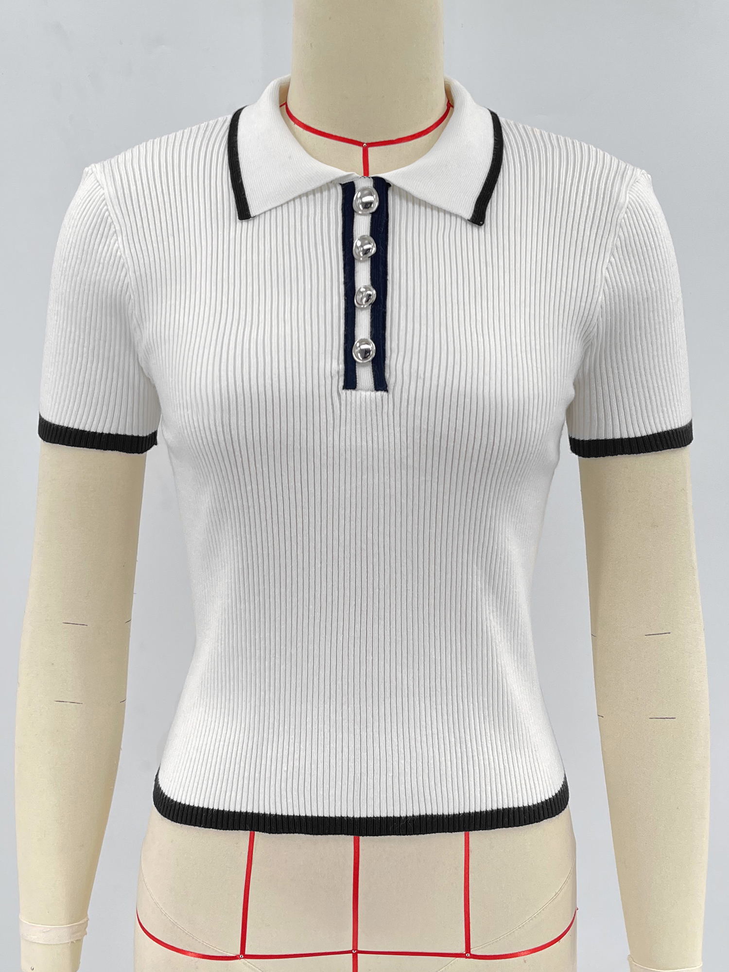 Ootddress Knit Sweater Pullover Women Short Sleeve Patchwork Slim Lapel Elegant Contrast Knitwear Top Female Skinny Ribbed Pullover