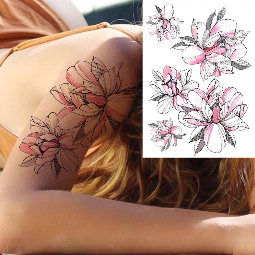 Sdrawing Lily Flower Temporary Tattoos For Women Adults Fake Lotus Orchid Dahlia Peony Tattoo Sticker Black Waterproof 3D Tatoos Arm