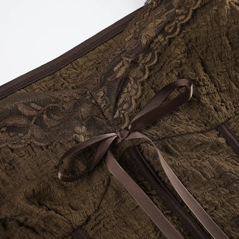 Hotsweet Lace Trim V-Neck Brown Long Sleeve Blouses Bow Lace Up Flared Sleeve Slim Chic Y2k Autumn New T-Shirt