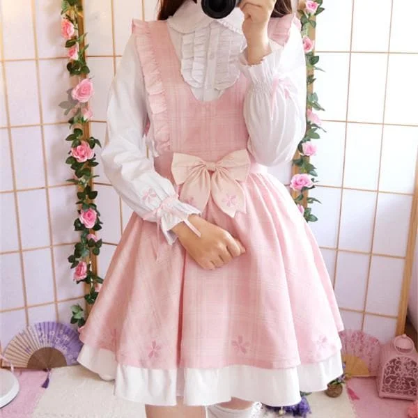 Pink Grid Sakura Embroidery Suepender Dress SP179699
