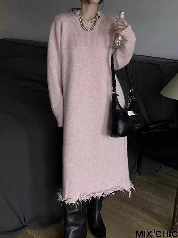 High Waisted Long Sleeves Fringed Solid Color Round-Neck Midi Dresses Sweater Dresses