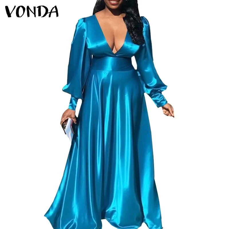 VONDA Women Long Maxi Dress 2022 Sexy Lantern Sleeve Deep V Neck Party Dress Bohemian Beach Vestidos Holiday Robe Longue Baggy