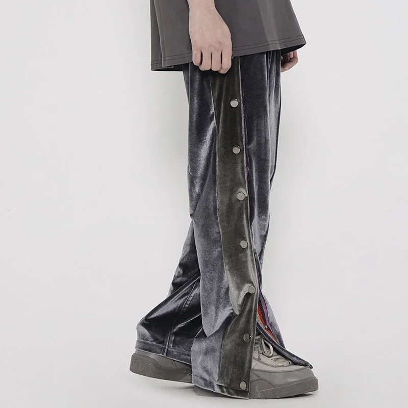 Color Block Side Button Fleece Casual Trousers Men and Women Straight Velvet Loose Track Pants High Street Oversize Baggy Pants