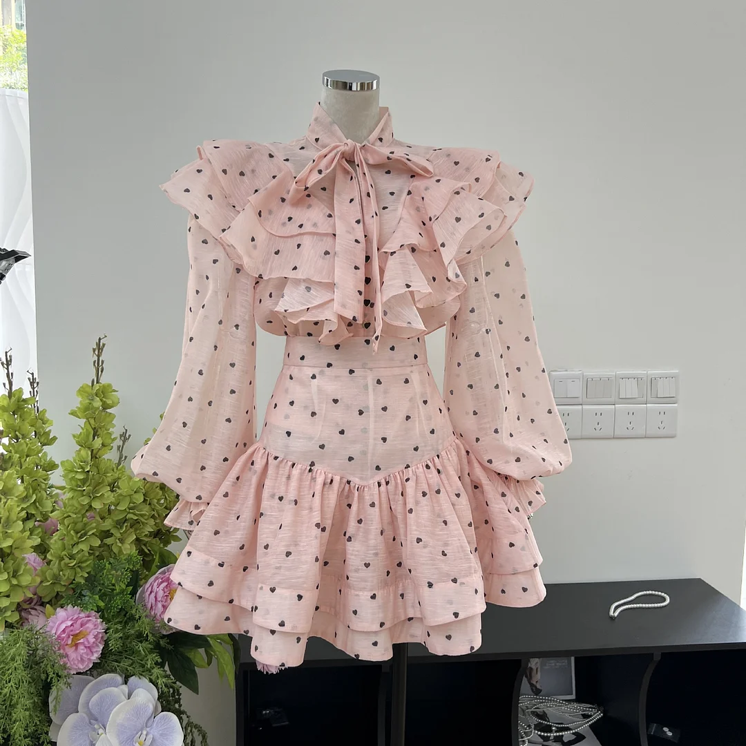 Brownm French Lotus Side Bow Heart-Shaped Printed Shirt + High-Waist Short Skirt Set Cold High Sense