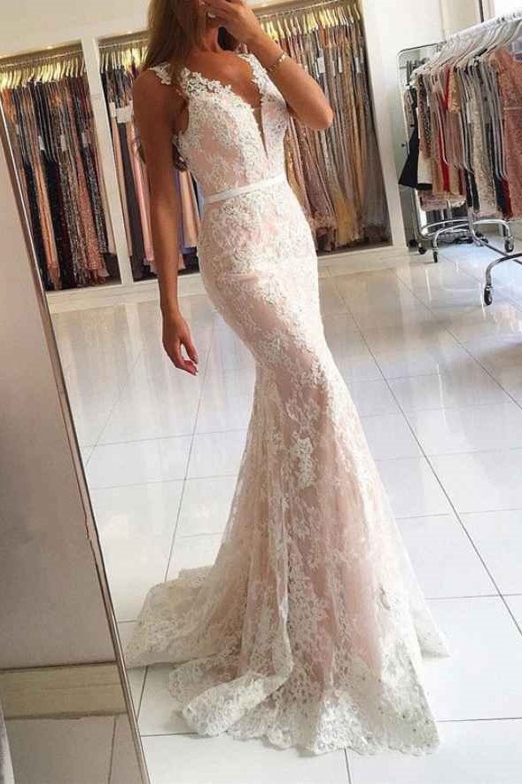Ovlias Classic White Wide Shoulder Straps Lace Applique Mermaid Prom Dress LY0500
