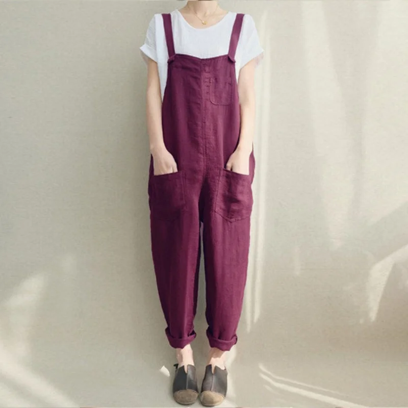 Vintage Solid Pocket Loose Casual Jumpsuit