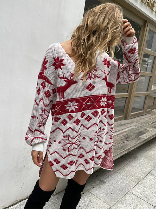 Women's V-Neck Sexy Slit Irregular Christmas Elk Dress Flusfy