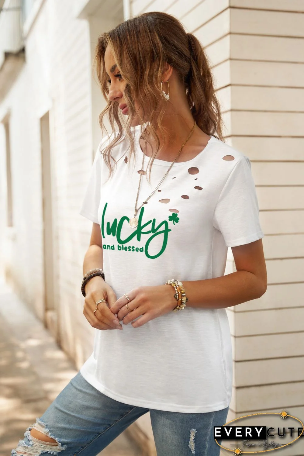 White Distressed lucky and blessed Graphic Tee