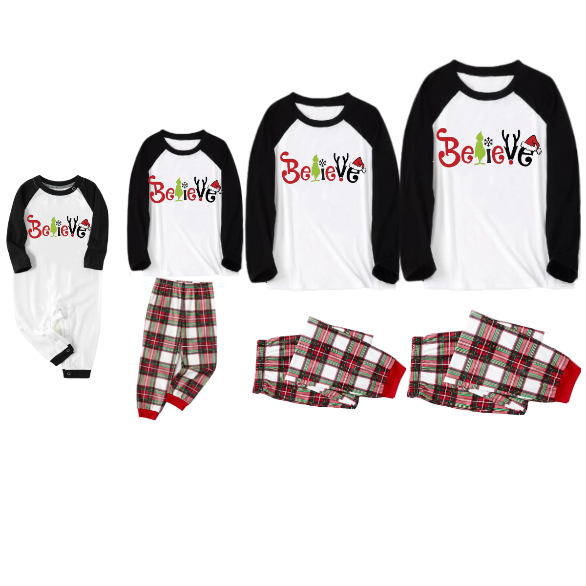 Christmas 2024 "Believe" Letter Black & White Long Sleeve Top and Red & Green & White Plaid Pants Family Matching Pajamas