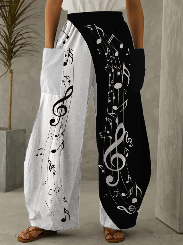Music Notes Contrast Color Patch Pocket Wide Leg Pants wearshes