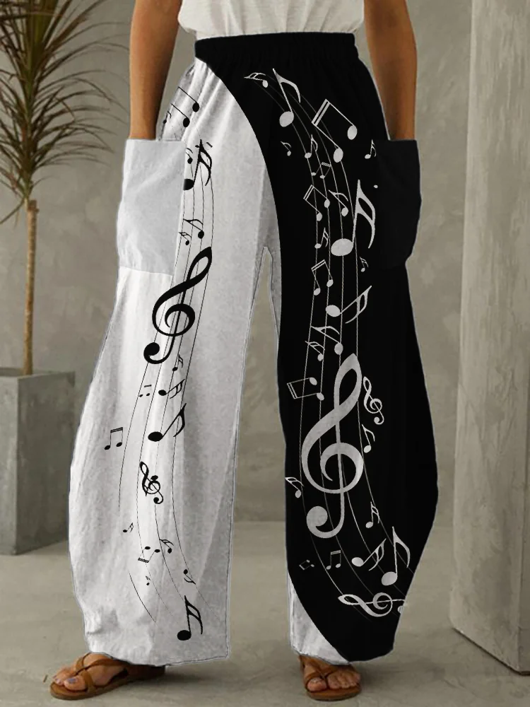 Music Notes Contrast Color Patch Pocket Wide Leg Pants