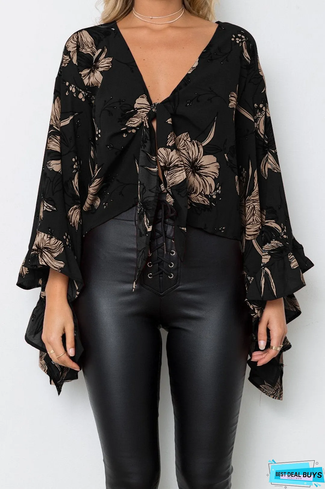 Flared Sleeve Ruffled Irregular V-Neck Top