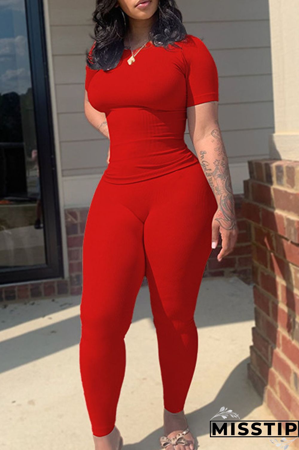 Grey Sexy Solid Patchwork O Neck Short Sleeve Two Pieces