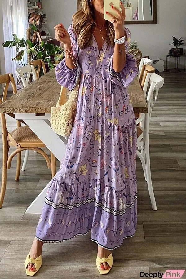 Lavender Flavor Printed Long Sleeve Button A-line Maxi Dress