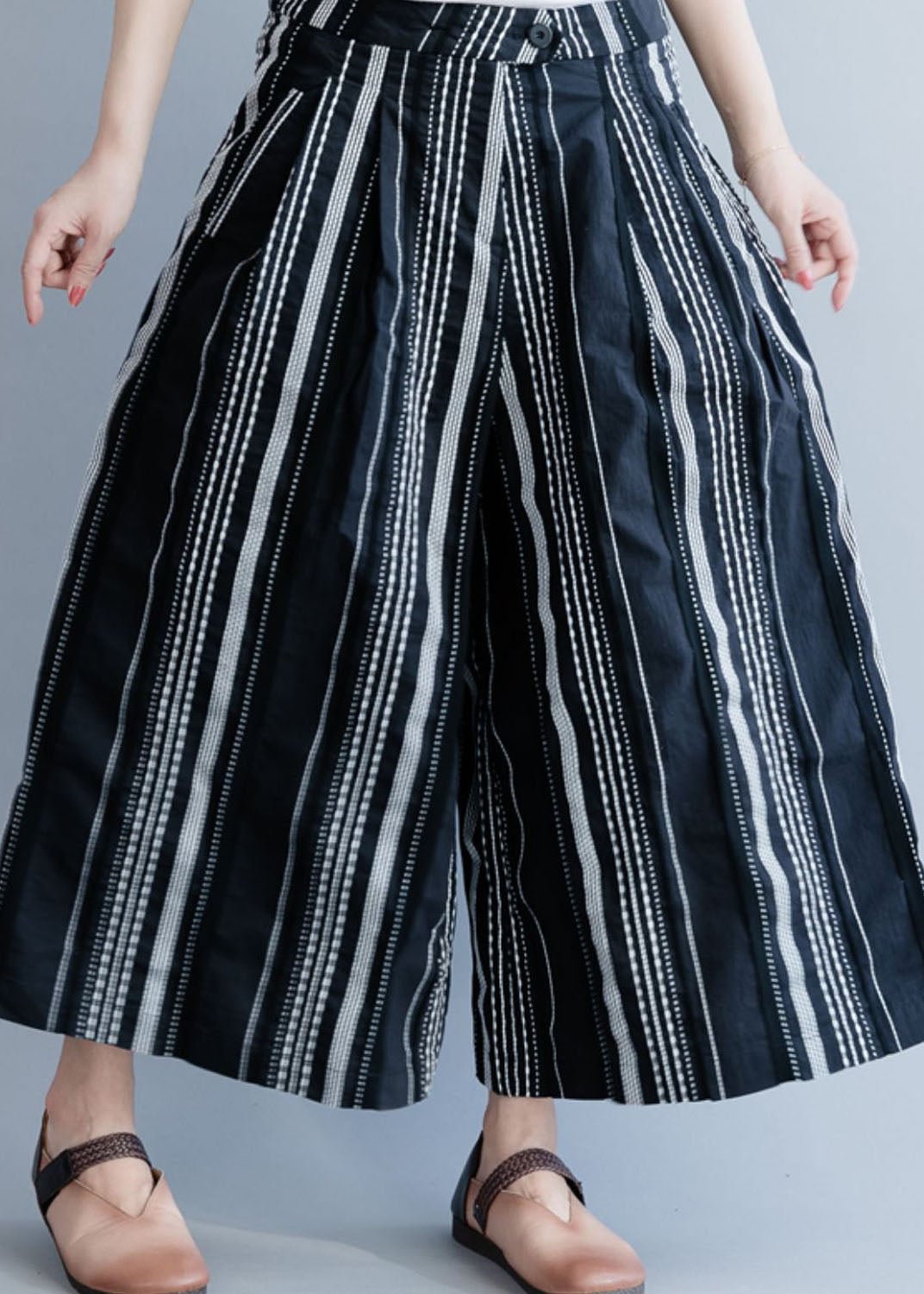 Casual Black Striped Cotton wide leg pants Spring CK742- Fabulory