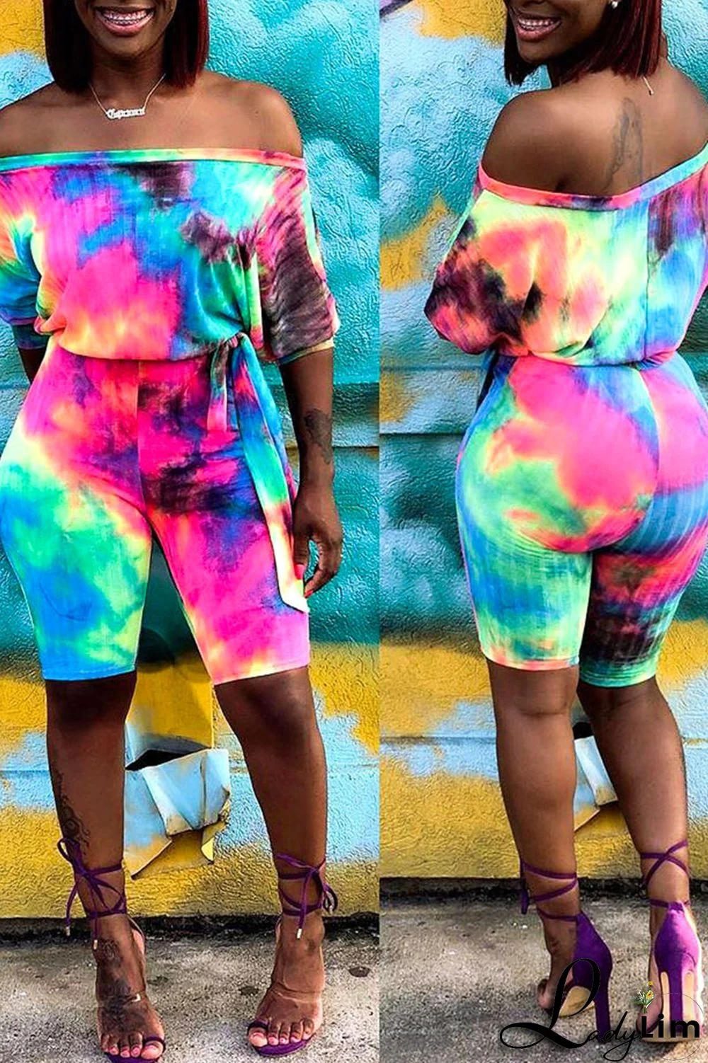 Tangerine Red Casual Print Tie Dye Bandage Split Joint Off the Shoulder Straight Jumpsuits