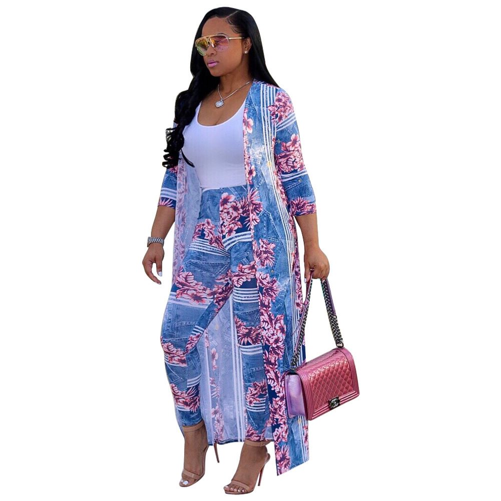 Women's Long-sleeved Printed Coat Cloak Leggings Two-piece Suit Tops