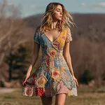 Women's Vintage Rose Patch Design V-neck Short-sleeved Dress - Image 2