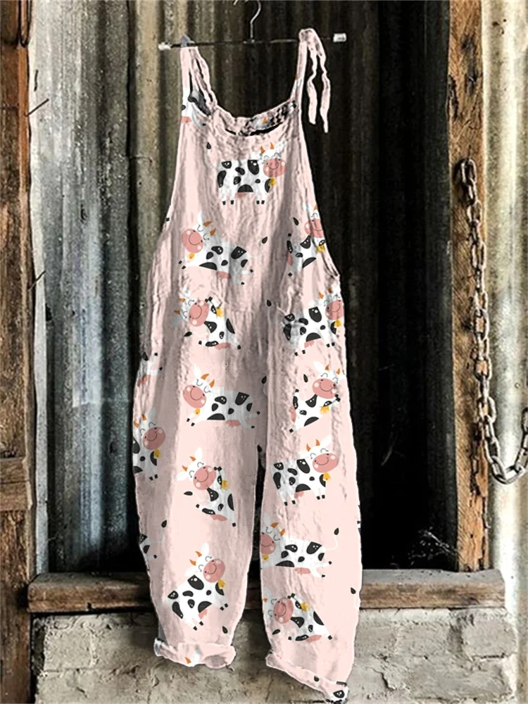Vintage cow print Linen Blend Loose Fit Cozy Jumpsuit