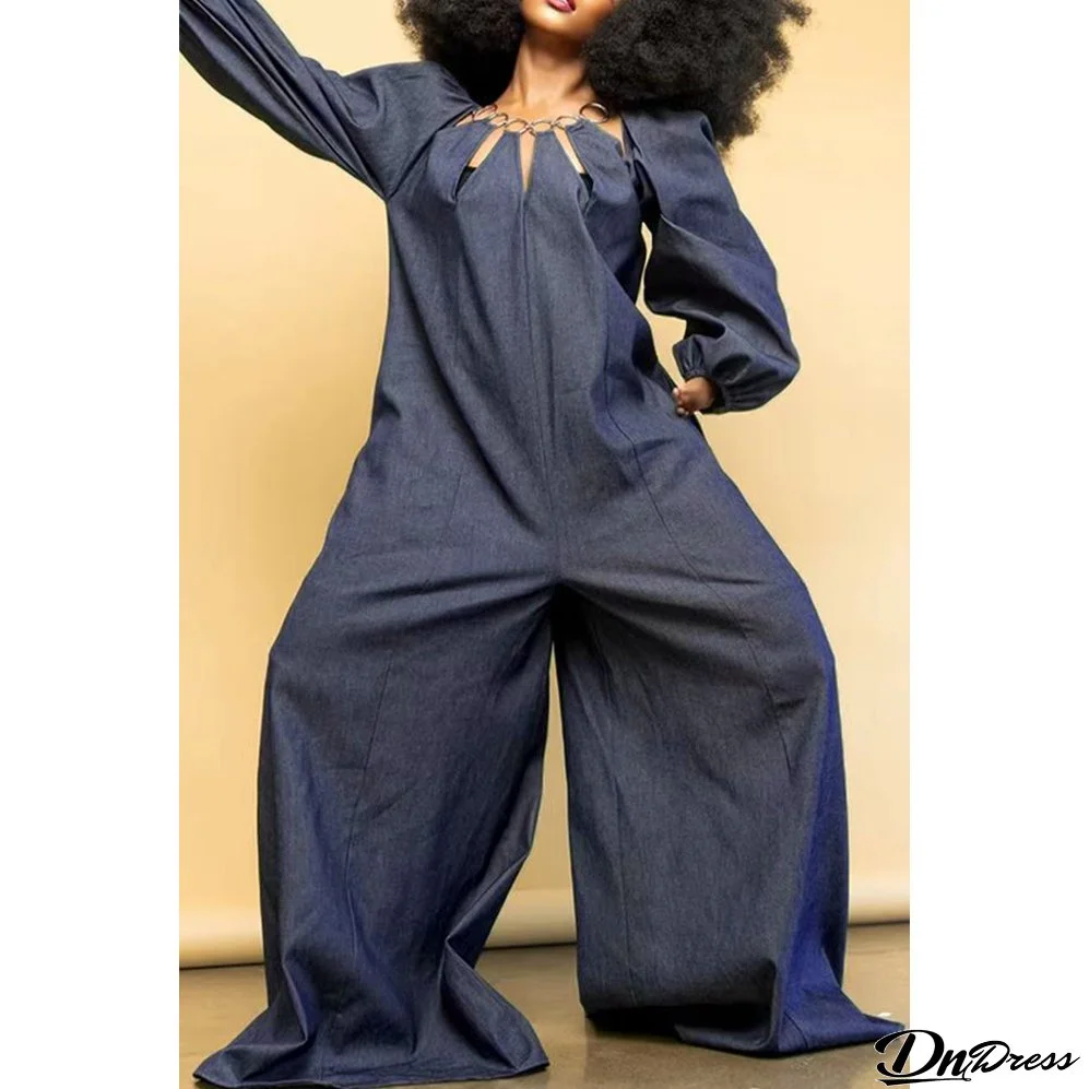 Women Metal Ring Collar Long Sleeve Wide Leg Loose Jumpsuit