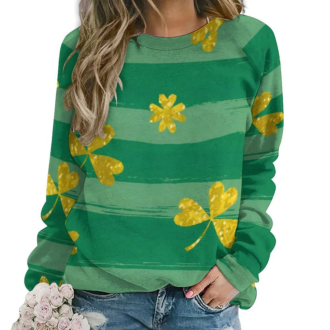 Printed Long Sleeve Casual Sweatshirt for  Women and Men Unisex Pattern St. Patrick's Day, Green, Clover, Lucky