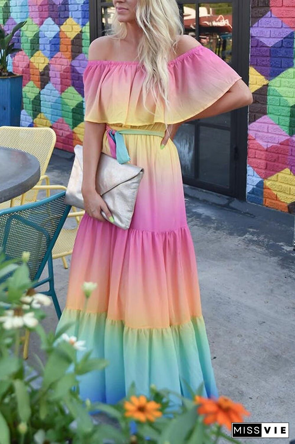 Gradient Off Shoulder Belted Maxi Dress
