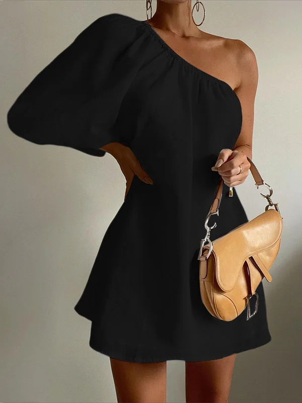 Loose Three-Quarter Sleeves Asymmetric Elasticity Solid Color One-Shoulder Mini Dresses