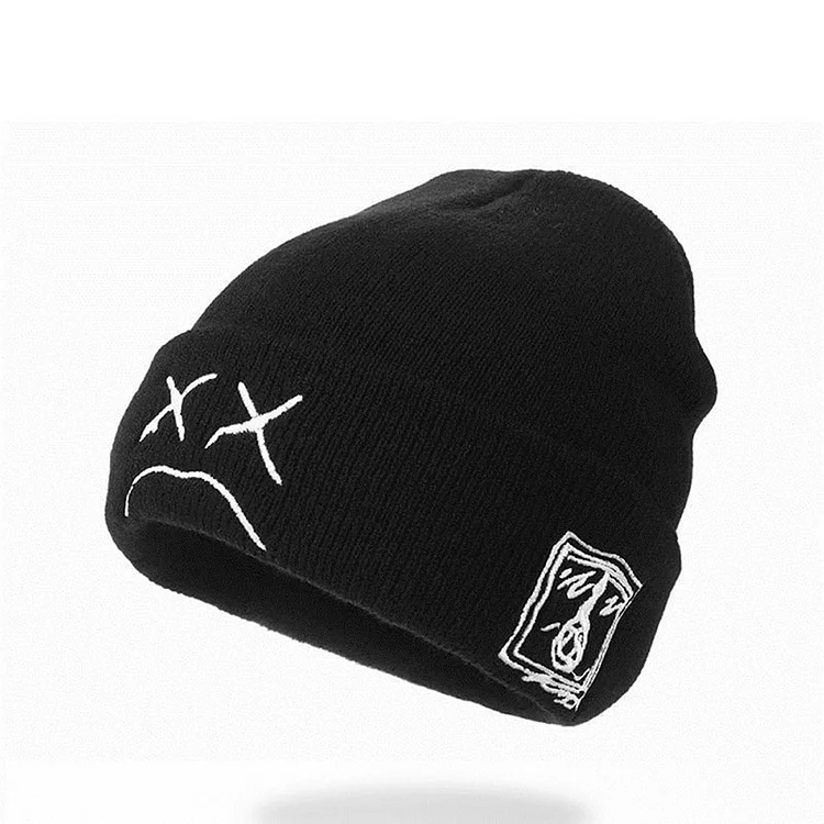 Embroidered Knitted Hat With Sad Expression Woolen Beanie Hat at Hiphopee