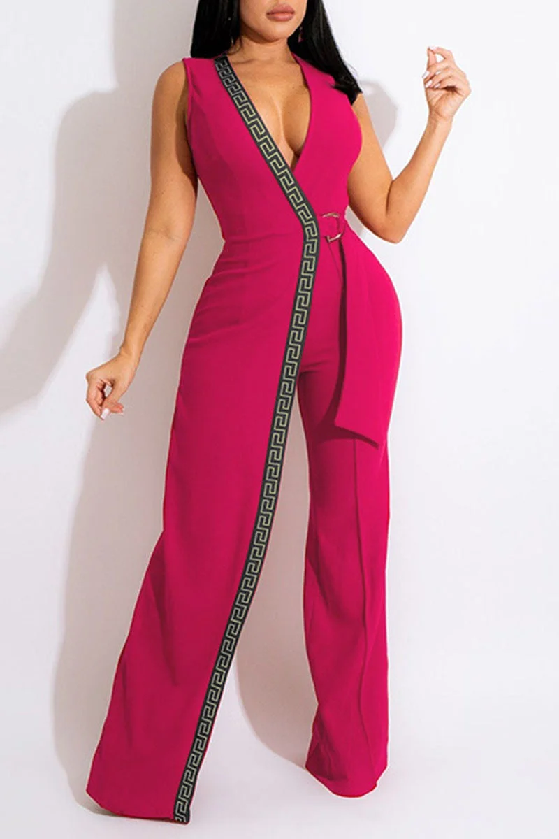 Sexy Elegant Print Split Joint With Belt V Neck Straight Jumpsuits