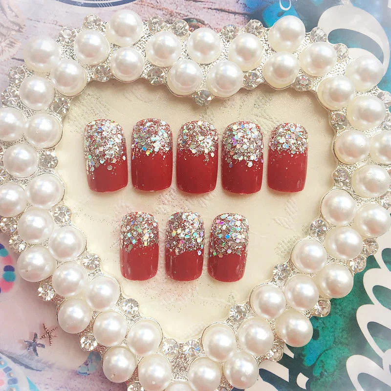 24pcs/set Red Color Short Size Fake Nails Women Fashion Glitter Patch Nail Art Tools Bride Wedding Party Nail Tips With Glue-Nail Inspo