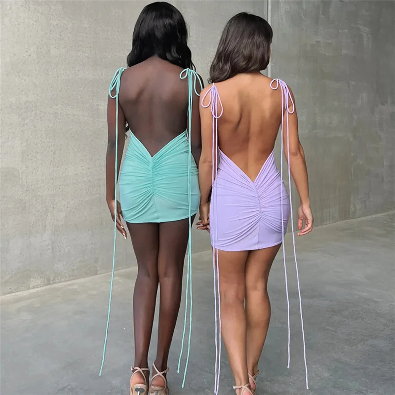 Uveng Uveng Summer New Women's Sexy Back Fashion One Word Collar Pleated Bag Hip Dress Woman