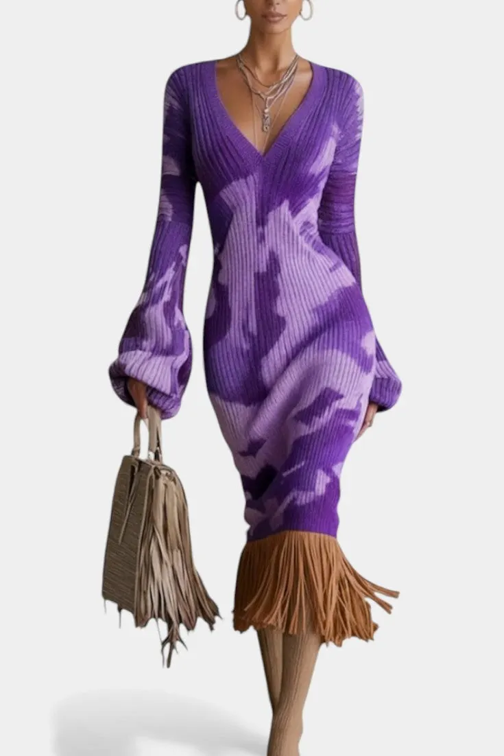 V-Neck Camo Midi Dress with Bell Sleeves & Fringe