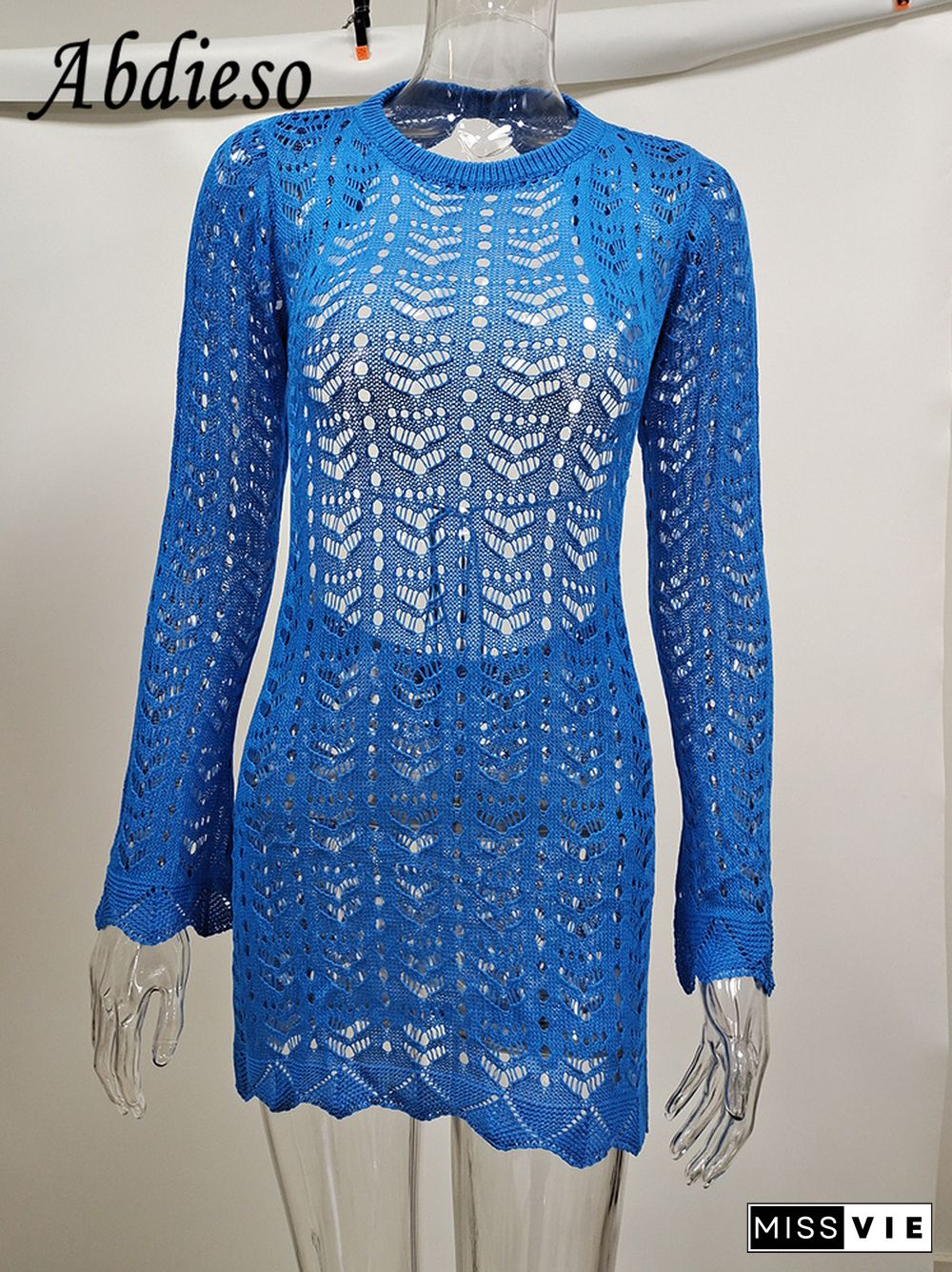Abdieso Mini Backless Summer Knit Bodycon Dress Women Hollow Out Sexy Long Sleeve Bandage Beach Party Dresses Casual Y2K