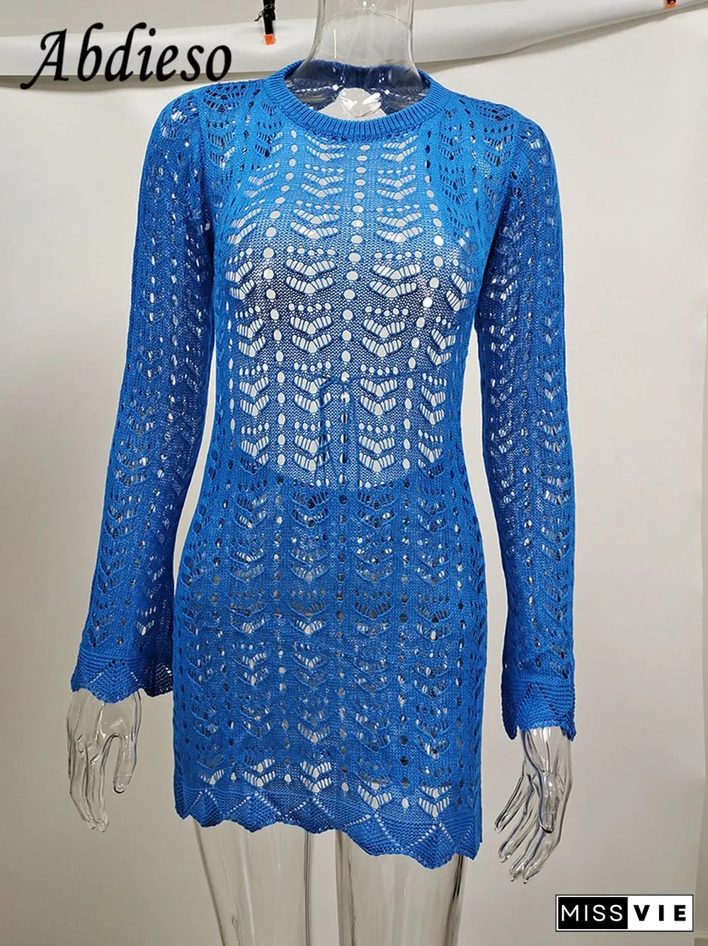 Abdieso Mini Backless Summer Knit Bodycon Dress Women Hollow Out Sexy Long Sleeve Bandage Beach Party Dresses Casual Y2K