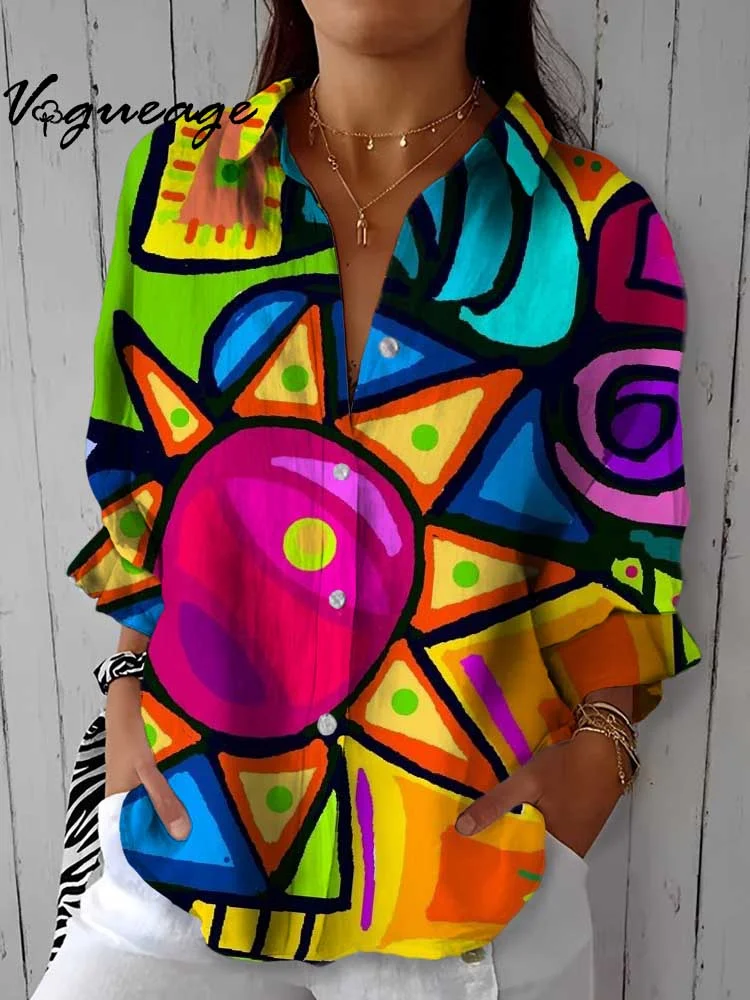 Fashionable And Bright Rainbow Color Strips Printed Cotton And Linen Shirt
