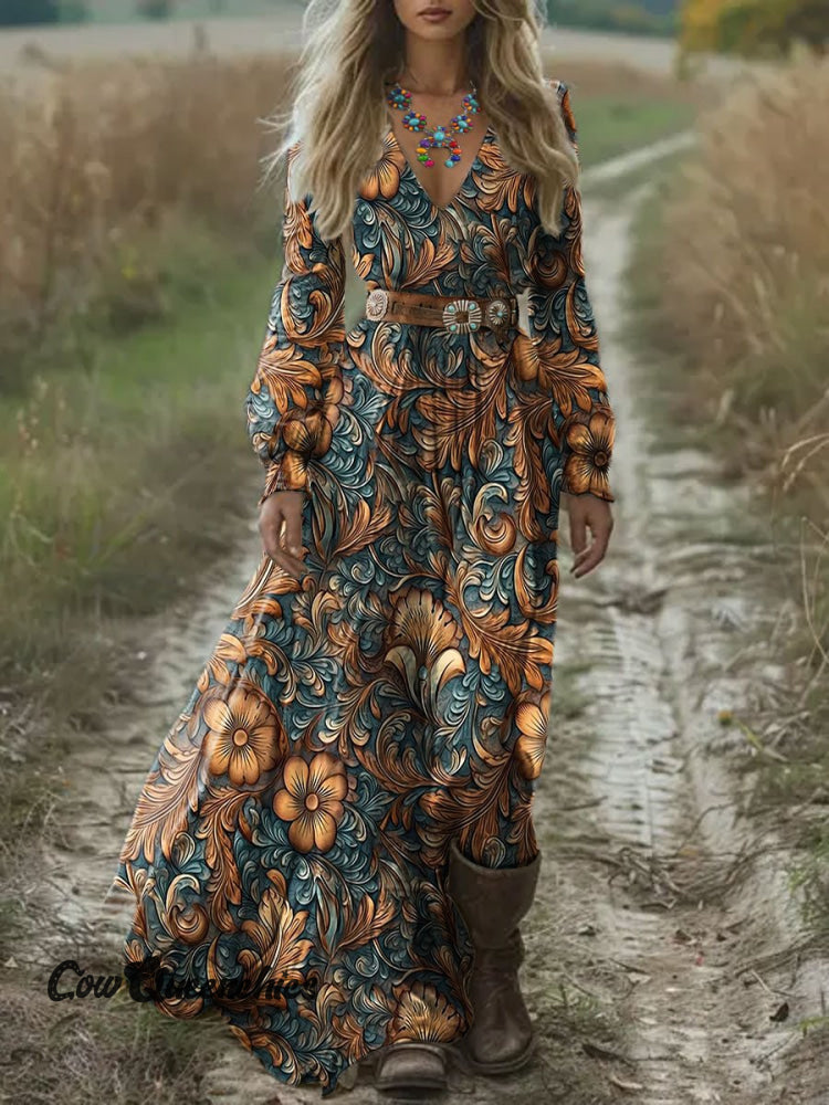Women’s Vintage Flower Art Print Pocket Cotton Dress Multicolor / S