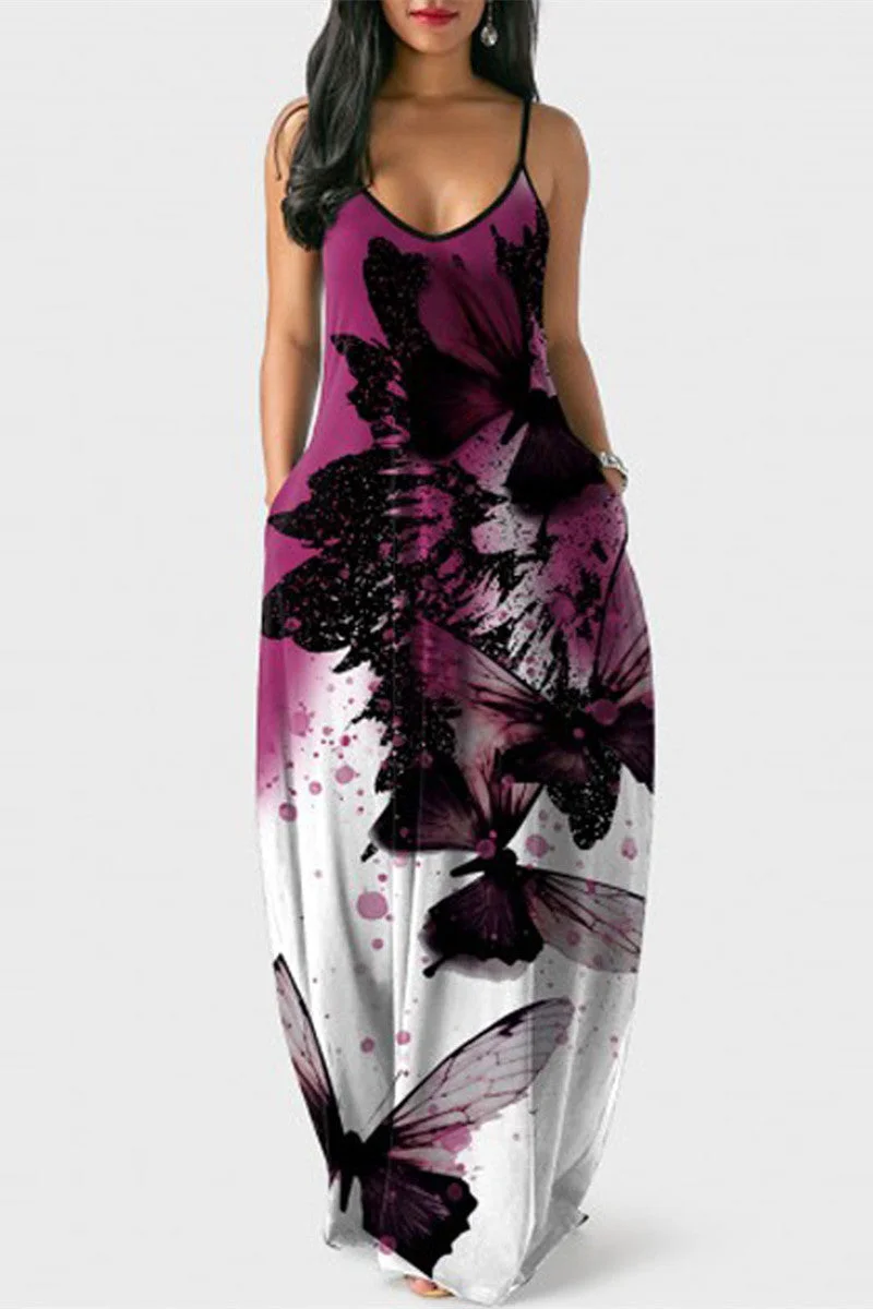 Fashion Sexy Casual Print Backless Spaghetti Strap Long Dress