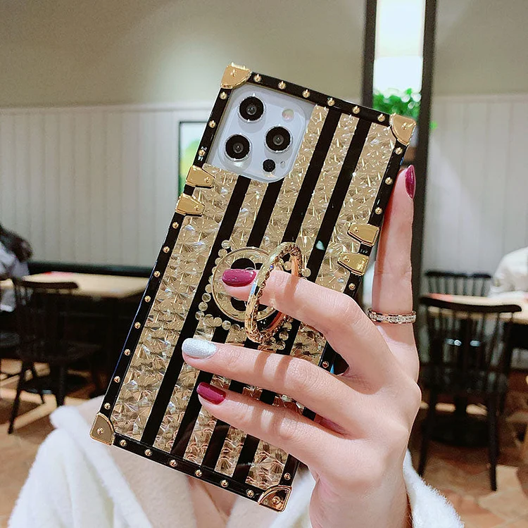 2023 Luxury Brand Black Rose Flower Stripe Glitter Gold Square Case For iPhone & Samsung