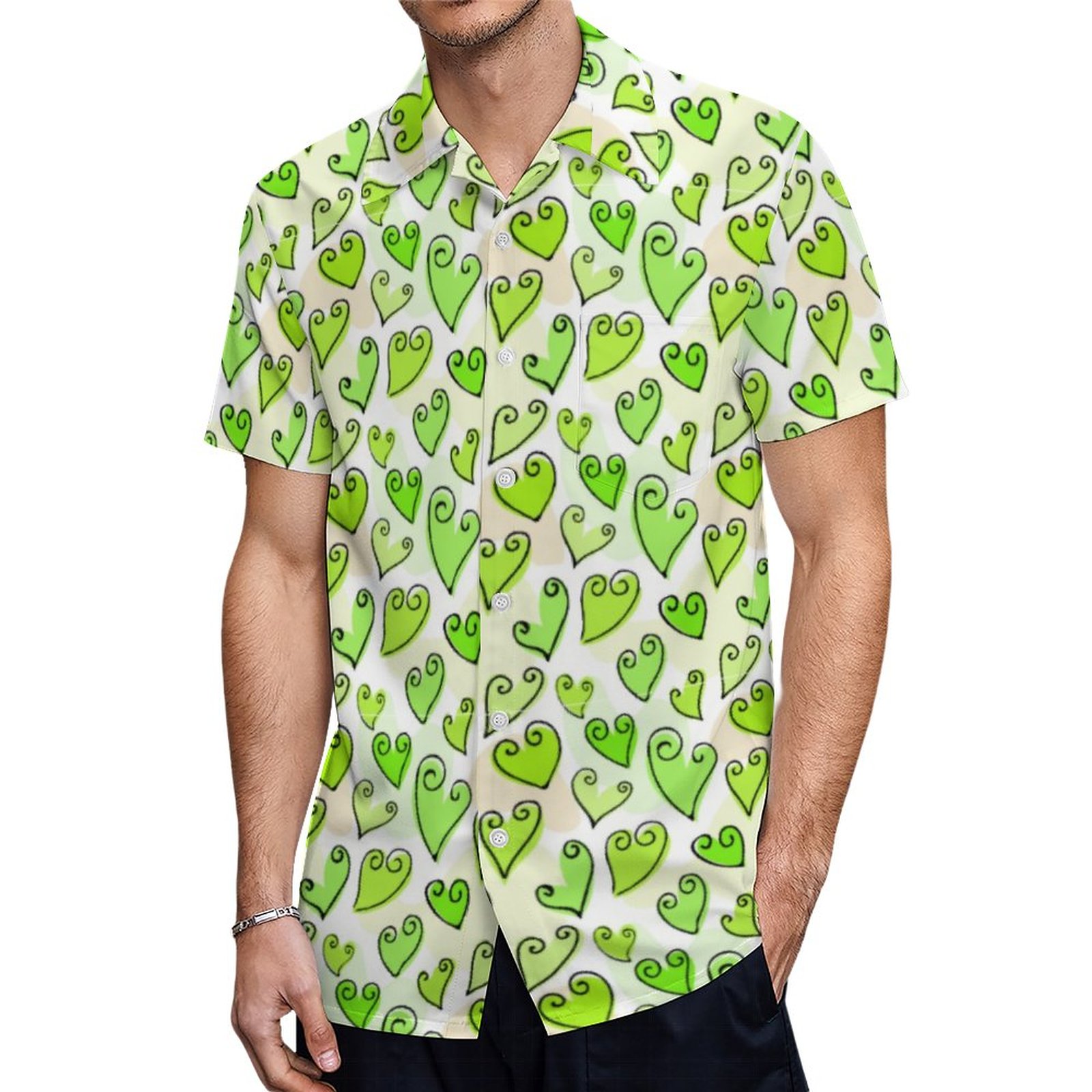 Fun Green Valentines Hearts Bag Hawaiian Shirt Mens Button Down Plus Size Tropical Hawaii Beach Shirts
