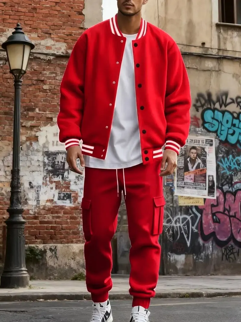 2-piece men's baseball jacket and cargo pants set, Matching Sets, Activewear, Clothes, Garments, warm and windproof, Ribbed Striped Collar/Cuffs, Cargo Pockets, Elastic, suitable for daily casual wear and street sports, boyfriend christmas, Menswear