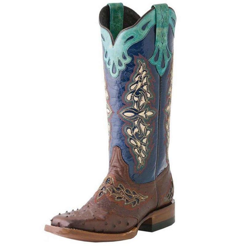 Womens's flower pattern ethnic cowboy boots mid-calf square toe low heel western boots