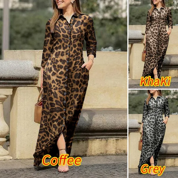 Vonada Colors Womens Casual Leopard Print Long Maxi Dress Vintage Sleeve Button Lapel